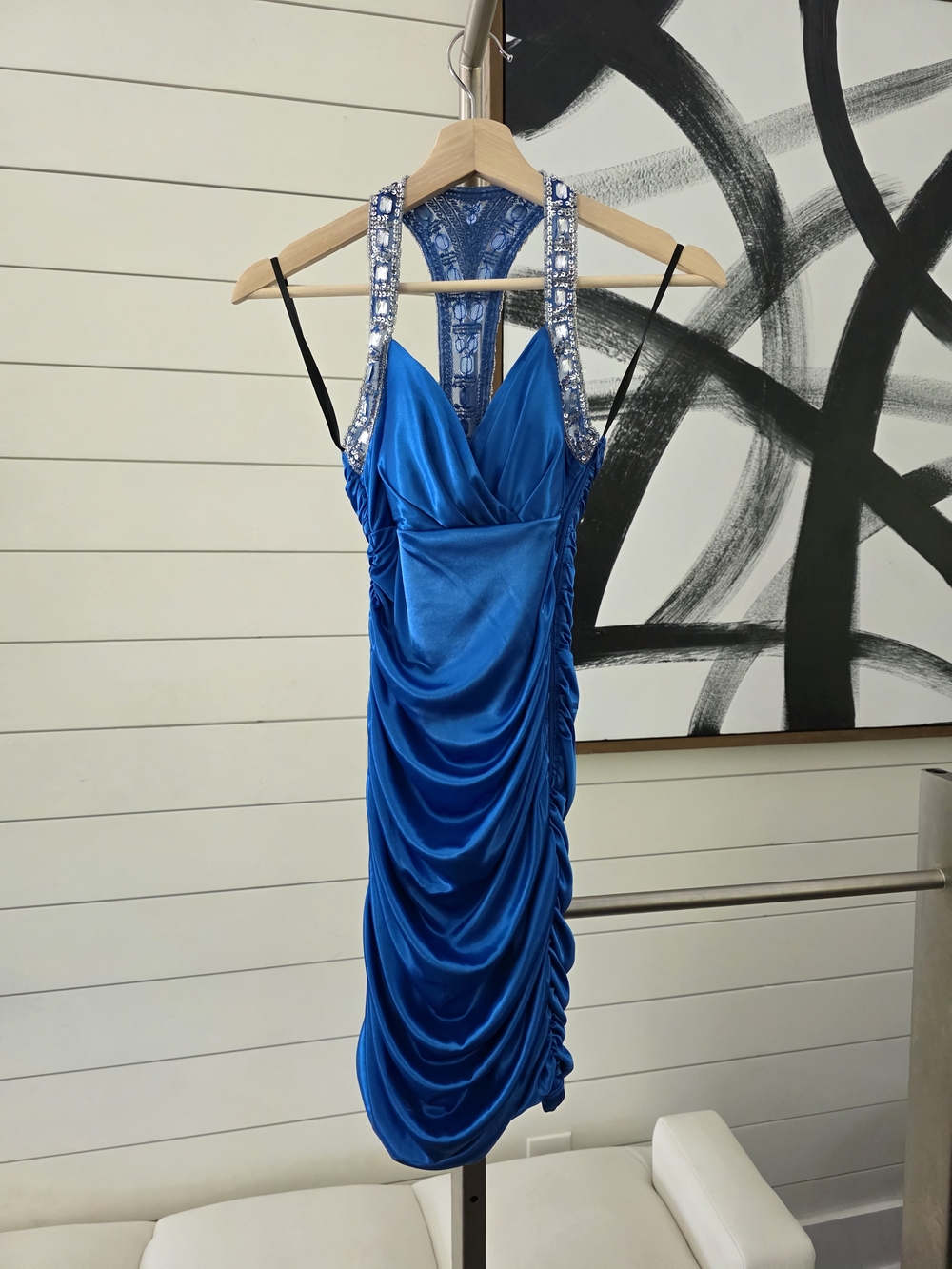 City Triangles Royal Blue Ruched Satin Mini Dress with Jeweled Straps